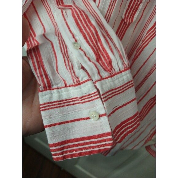 J. Crew Woman 6 Popover 1/2 Button Semi Sheer Red White Barcode Striped Collared - Picture 5 of 9